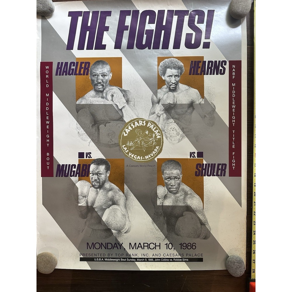 Vintage 1986 Hagler Hearns Mugabi Shuler Caesars Palace Boxing Poster 22x28